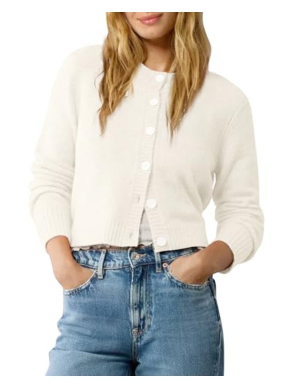 Cropped Open Front Cardigan Long Sleeve Button Down Knit Sweater